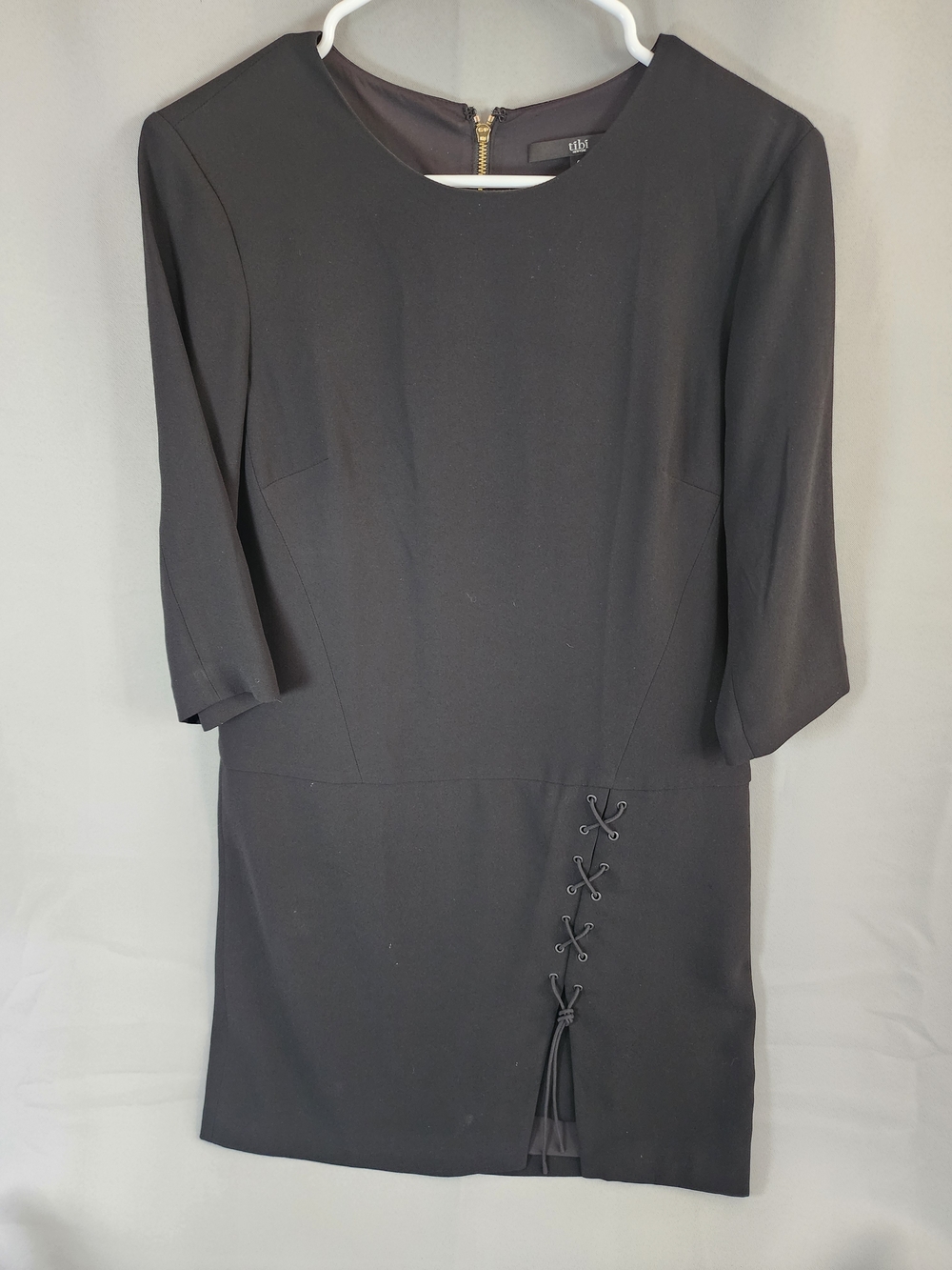 Tibi Black Lace-Up Sheath Dress with Three-Quarter Sleeves